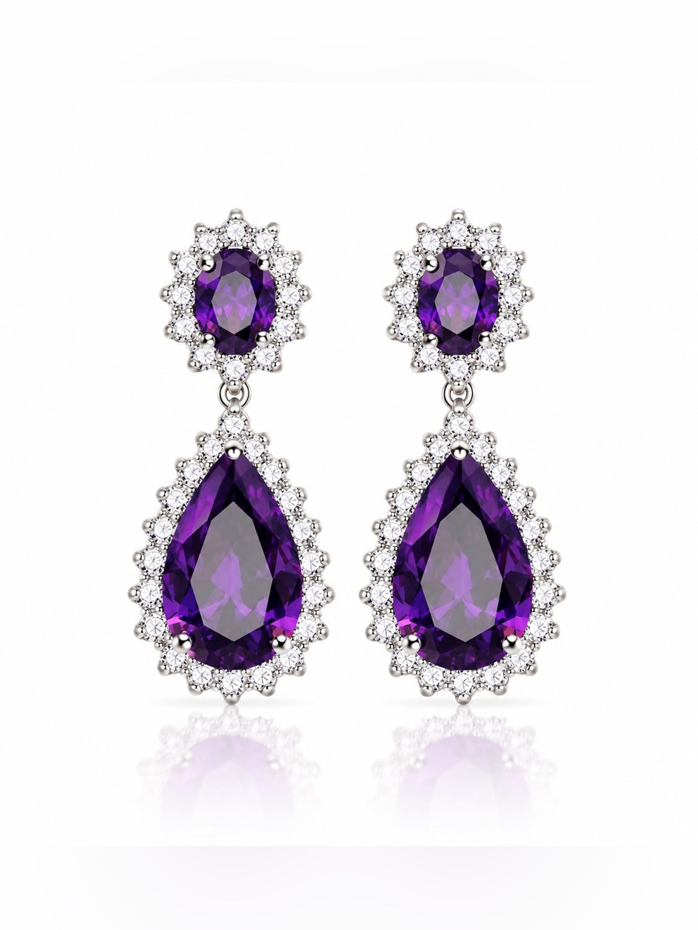 Wedding Classic Purple Crystal Teardrop Halo Dangle Earrings Silver Earrings